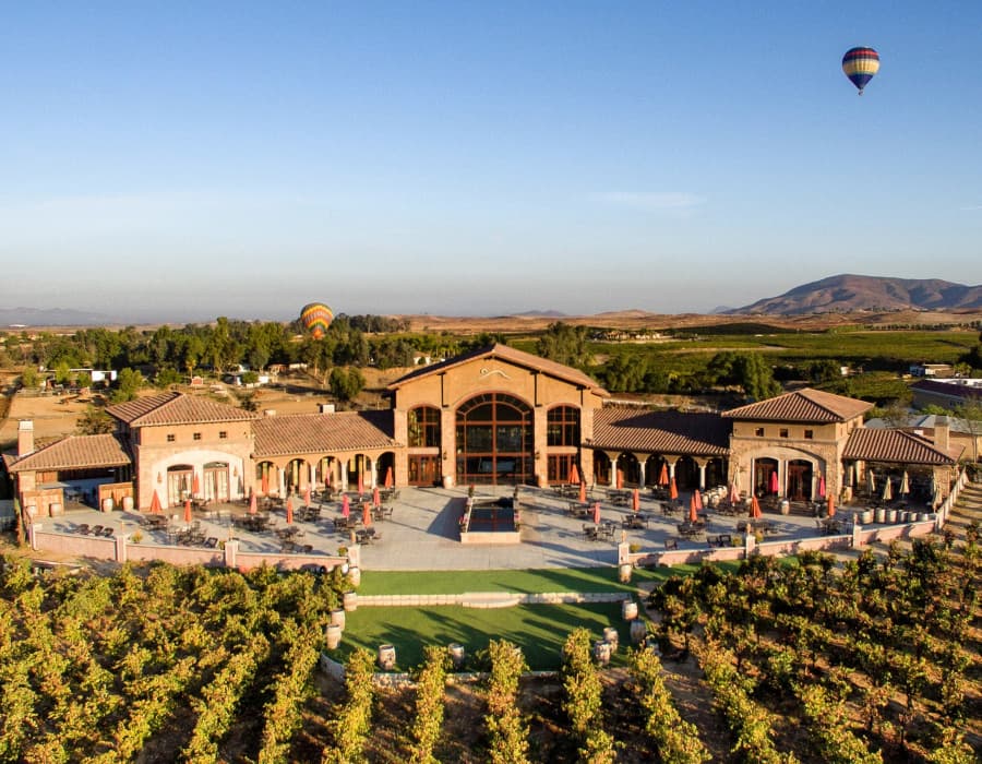 Monte De Oro Winery estate with vineyard rows and patio seating